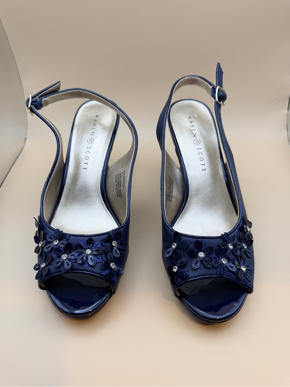 Karen Scott Navy Floral Sequin Open-Toe Slingback Heels